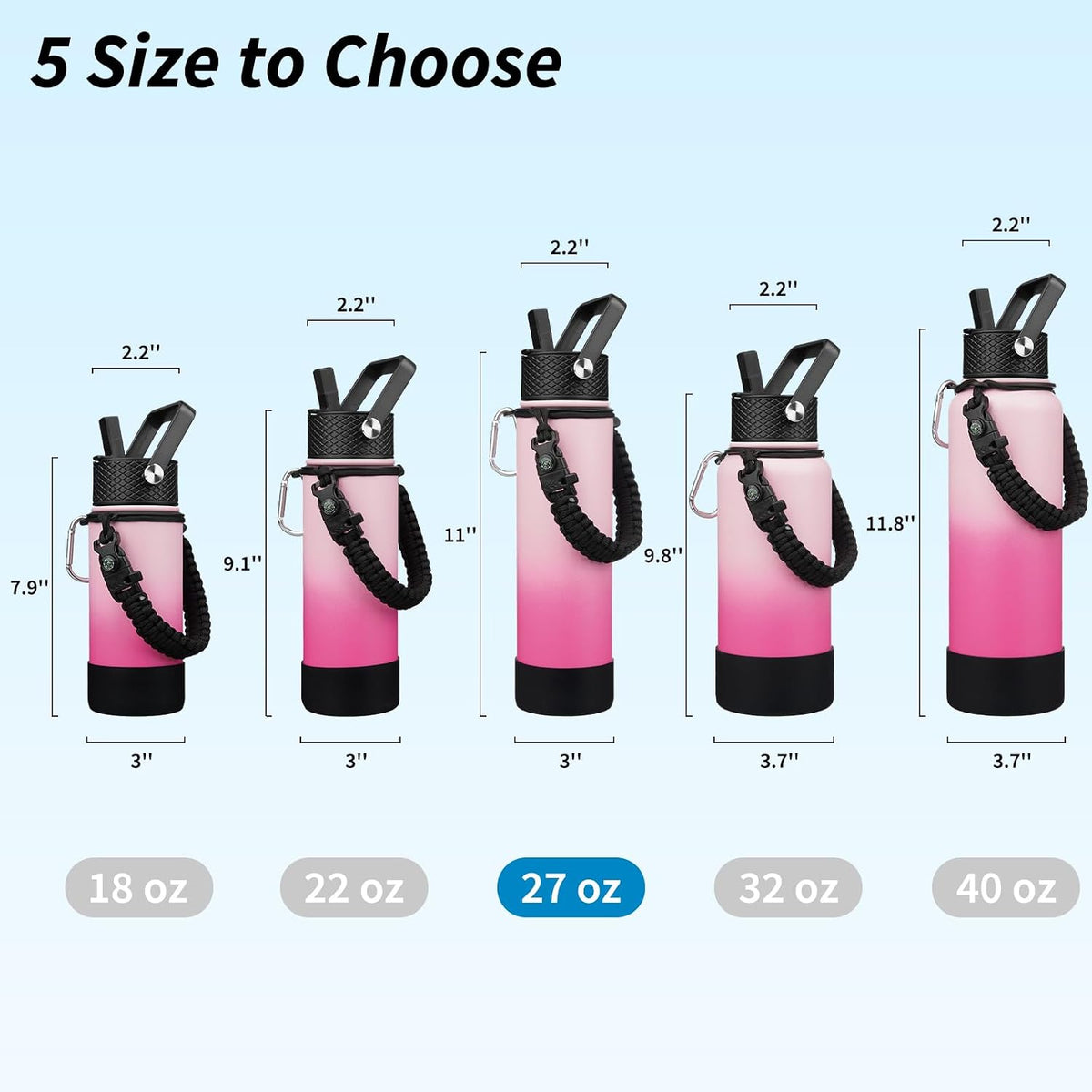 18oz Insulated Water Bottle with 3 Lids, Straw Lid & Handle | BPA-Free 18/8 Stainless Steel Bottle with Leak-Proof Lids, Paracord Handle & Removable Silicone Boot for Gym, Hiking, Travel