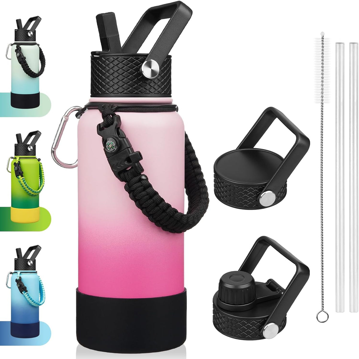 18oz Insulated Water Bottle with 3 Lids, Straw Lid & Handle | BPA-Free 18/8 Stainless Steel Bottle with Leak-Proof Lids, Paracord Handle & Removable Silicone Boot for Gym, Hiking, Travel