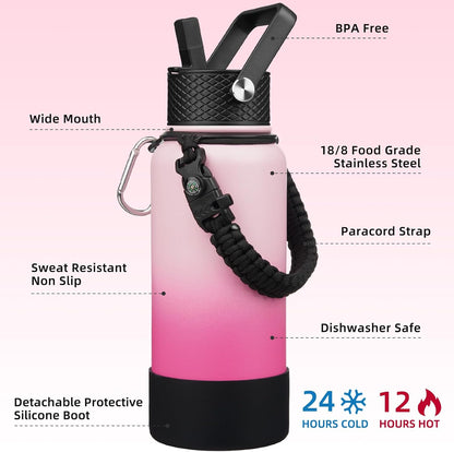 18oz Insulated Water Bottle with 3 Lids, Straw Lid & Handle | BPA-Free 18/8 Stainless Steel Bottle with Leak-Proof Lids, Paracord Handle & Removable Silicone Boot for Gym, Hiking, Travel