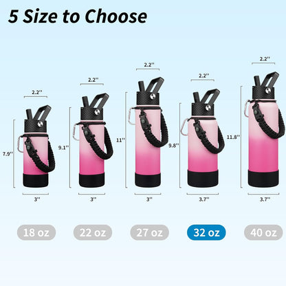 18oz Insulated Water Bottle with 3 Lids, Straw Lid & Handle | BPA-Free 18/8 Stainless Steel Bottle with Leak-Proof Lids, Paracord Handle & Removable Silicone Boot for Gym, Hiking, Travel