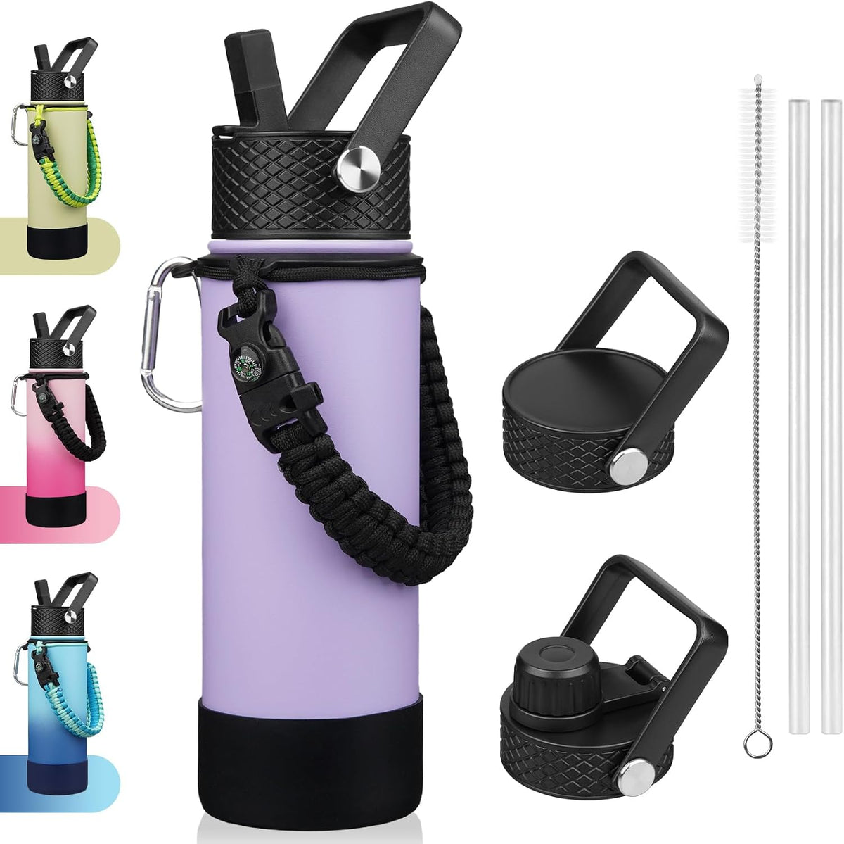 18oz Insulated Water Bottle with 3 Lids, Straw Lid & Handle | BPA-Free 18/8 Stainless Steel Bottle with Leak-Proof Lids, Paracord Handle & Removable Silicone Boot for Gym, Hiking, Travel