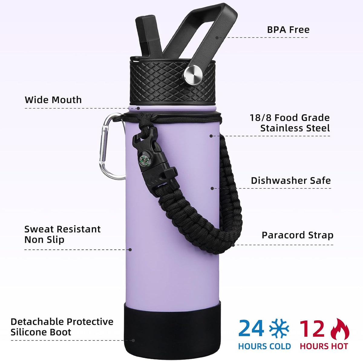 18oz Insulated Water Bottle with 3 Lids, Straw Lid & Handle | BPA-Free 18/8 Stainless Steel Bottle with Leak-Proof Lids, Paracord Handle & Removable Silicone Boot for Gym, Hiking, Travel
