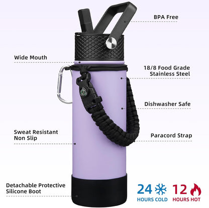 18oz Insulated Water Bottle with 3 Lids, Straw Lid & Handle | BPA-Free 18/8 Stainless Steel Bottle with Leak-Proof Lids, Paracord Handle & Removable Silicone Boot for Gym, Hiking, Travel