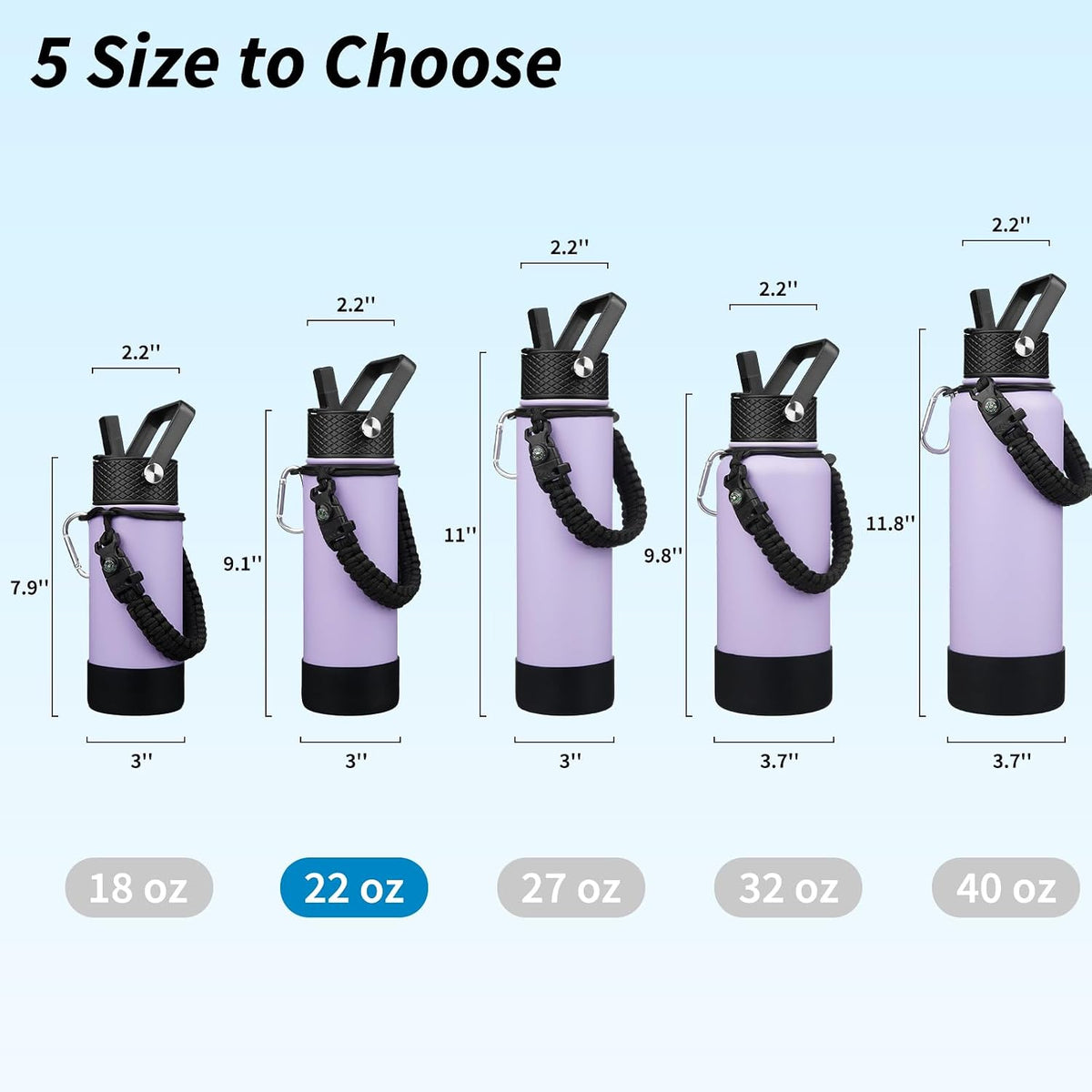 18oz Insulated Water Bottle with 3 Lids, Straw Lid & Handle | BPA-Free 18/8 Stainless Steel Bottle with Leak-Proof Lids, Paracord Handle & Removable Silicone Boot for Gym, Hiking, Travel