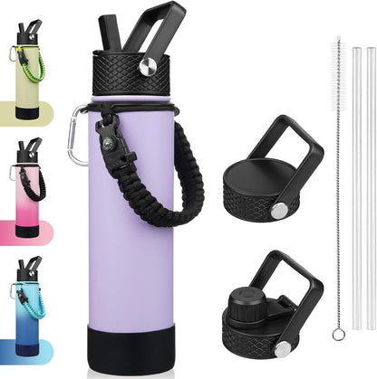 18oz Insulated Water Bottle with 3 Lids, Straw Lid & Handle | BPA-Free 18/8 Stainless Steel Bottle with Leak-Proof Lids, Paracord Handle & Removable Silicone Boot for Gym, Hiking, Travel