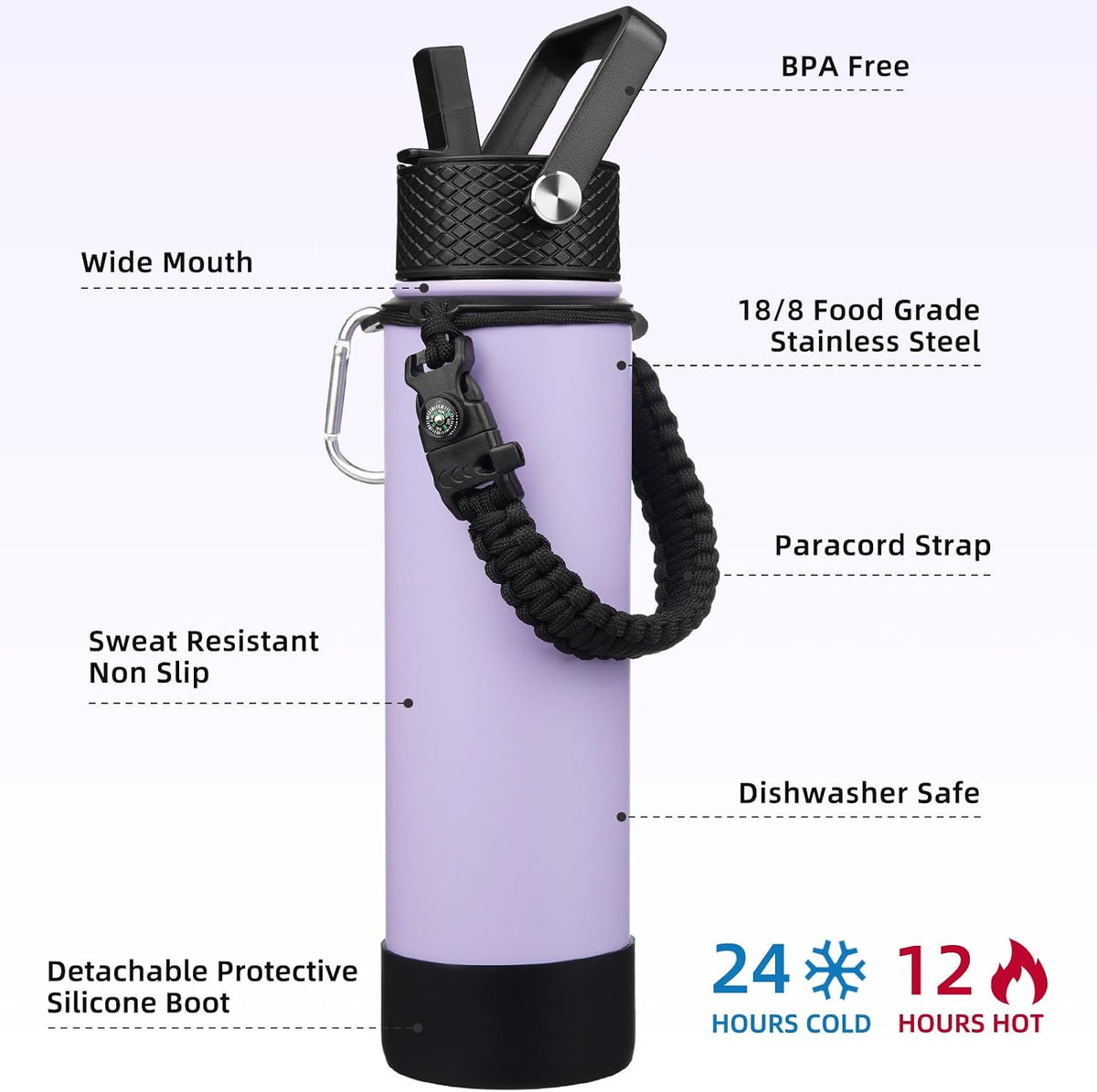 18oz Insulated Water Bottle with 3 Lids, Straw Lid & Handle | BPA-Free 18/8 Stainless Steel Bottle with Leak-Proof Lids, Paracord Handle & Removable Silicone Boot for Gym, Hiking, Travel
