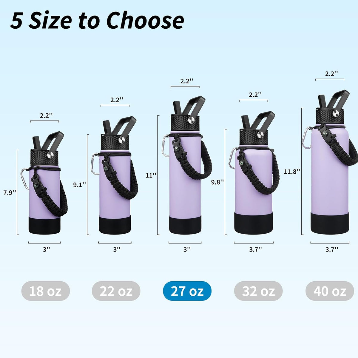18oz Insulated Water Bottle with 3 Lids, Straw Lid & Handle | BPA-Free 18/8 Stainless Steel Bottle with Leak-Proof Lids, Paracord Handle & Removable Silicone Boot for Gym, Hiking, Travel