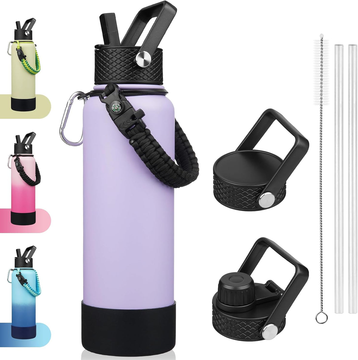18oz Insulated Water Bottle with 3 Lids, Straw Lid & Handle | BPA-Free 18/8 Stainless Steel Bottle with Leak-Proof Lids, Paracord Handle & Removable Silicone Boot for Gym, Hiking, Travel