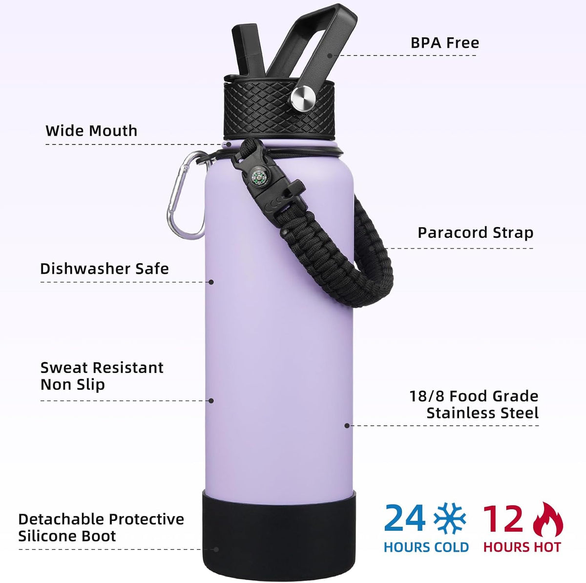 18oz Insulated Water Bottle with 3 Lids, Straw Lid & Handle | BPA-Free 18/8 Stainless Steel Bottle with Leak-Proof Lids, Paracord Handle & Removable Silicone Boot for Gym, Hiking, Travel