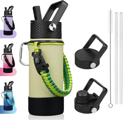 18oz Insulated Water Bottle with 3 Lids, Straw Lid & Handle | BPA-Free 18/8 Stainless Steel Bottle with Leak-Proof Lids, Paracord Handle & Removable Silicone Boot for Gym, Hiking, Travel