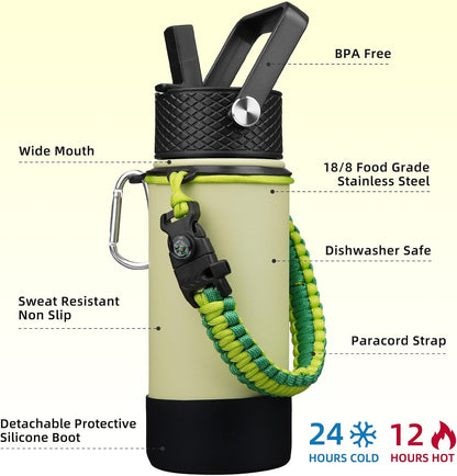 18oz Insulated Water Bottle with 3 Lids, Straw Lid & Handle | BPA-Free 18/8 Stainless Steel Bottle with Leak-Proof Lids, Paracord Handle & Removable Silicone Boot for Gym, Hiking, Travel