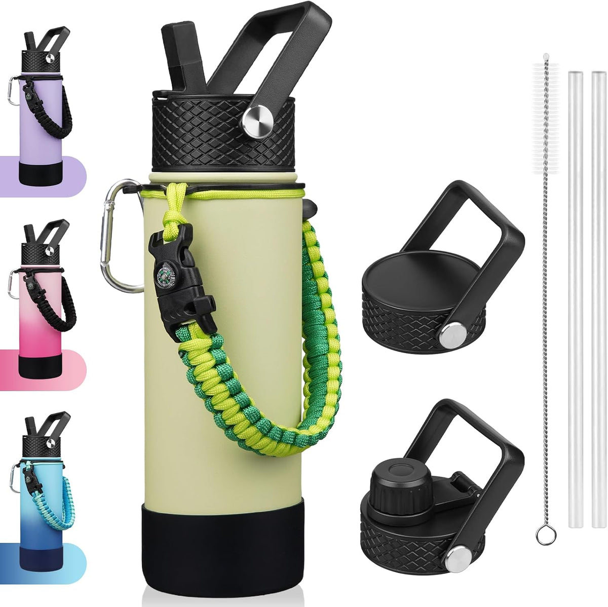 18oz Insulated Water Bottle with 3 Lids, Straw Lid & Handle | BPA-Free 18/8 Stainless Steel Bottle with Leak-Proof Lids, Paracord Handle & Removable Silicone Boot for Gym, Hiking, Travel