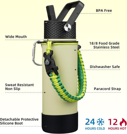 18oz Insulated Water Bottle with 3 Lids, Straw Lid & Handle | BPA-Free 18/8 Stainless Steel Bottle with Leak-Proof Lids, Paracord Handle & Removable Silicone Boot for Gym, Hiking, Travel