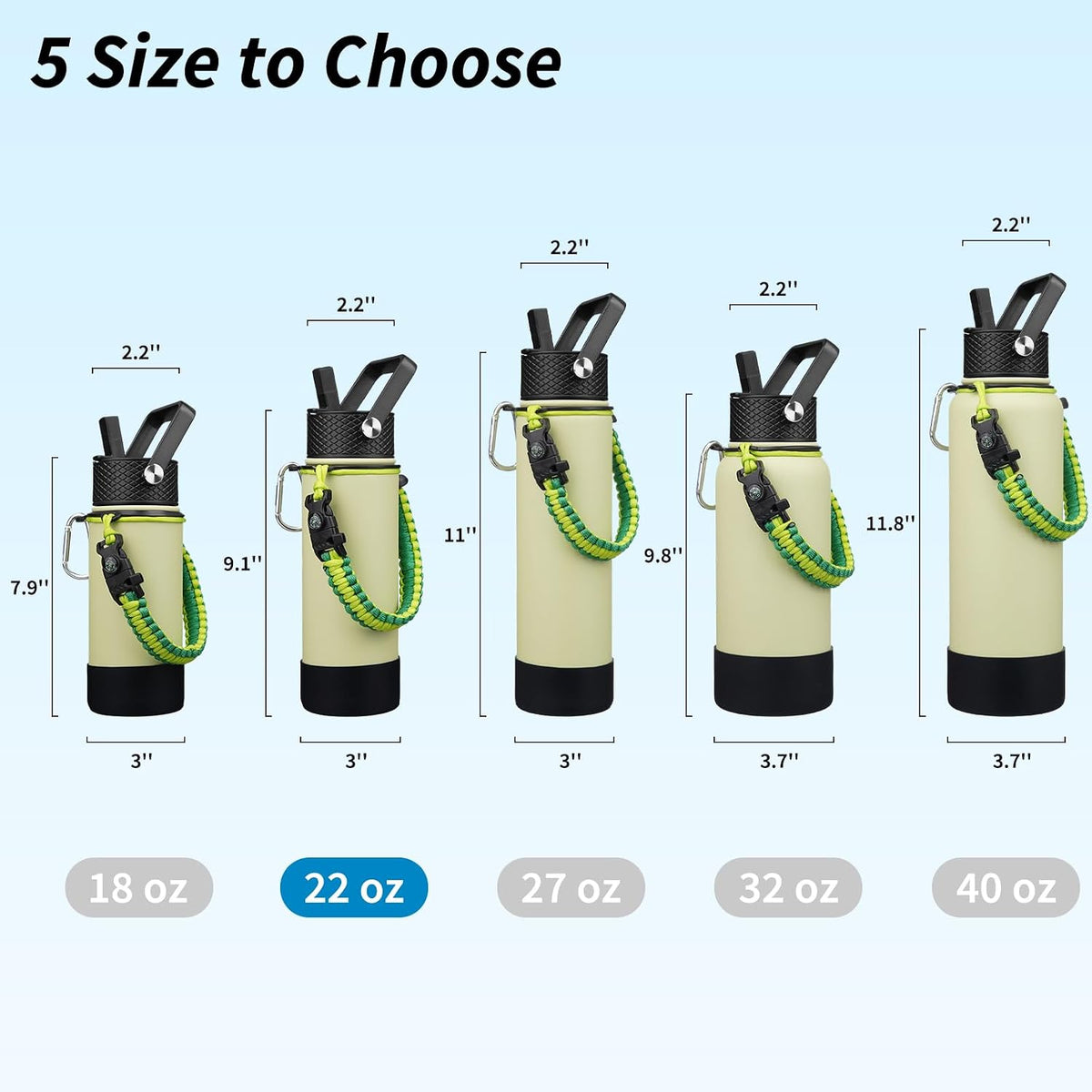 18oz Insulated Water Bottle with 3 Lids, Straw Lid & Handle | BPA-Free 18/8 Stainless Steel Bottle with Leak-Proof Lids, Paracord Handle & Removable Silicone Boot for Gym, Hiking, Travel