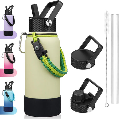 18oz Insulated Water Bottle with 3 Lids, Straw Lid & Handle | BPA-Free 18/8 Stainless Steel Bottle with Leak-Proof Lids, Paracord Handle & Removable Silicone Boot for Gym, Hiking, Travel