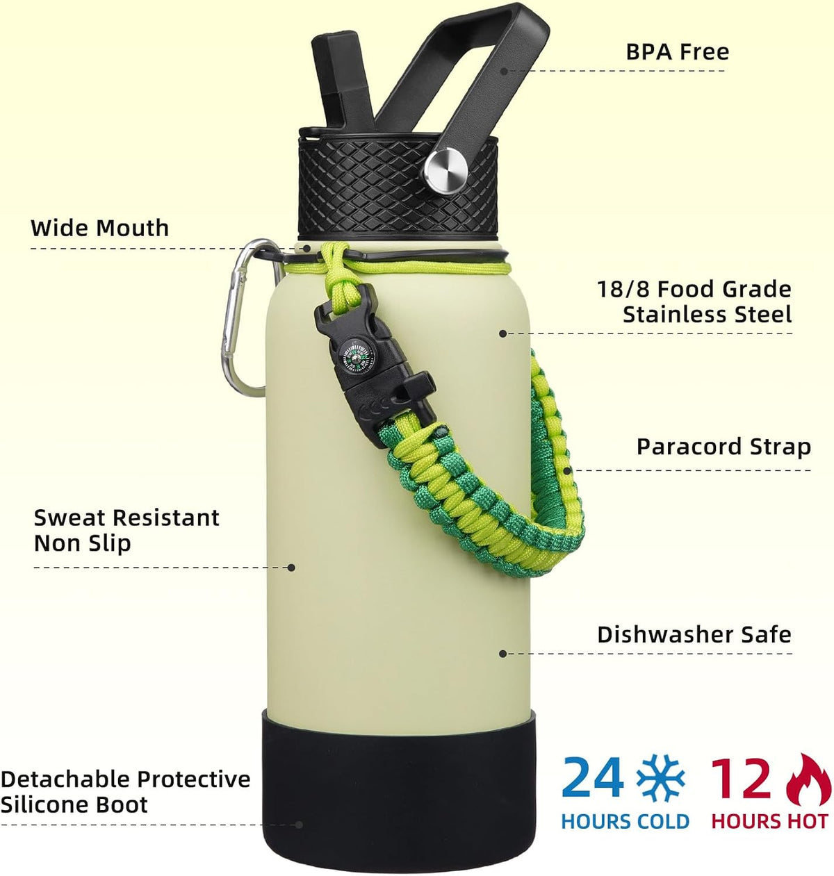 18oz Insulated Water Bottle with 3 Lids, Straw Lid & Handle | BPA-Free 18/8 Stainless Steel Bottle with Leak-Proof Lids, Paracord Handle & Removable Silicone Boot for Gym, Hiking, Travel