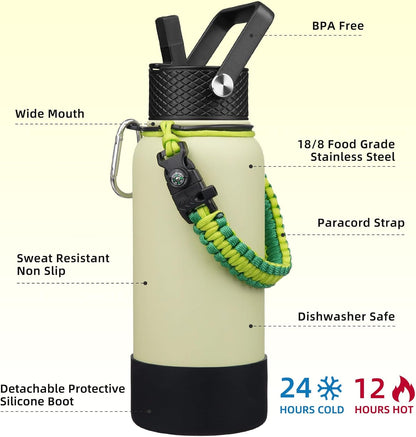 18oz Insulated Water Bottle with 3 Lids, Straw Lid & Handle | BPA-Free 18/8 Stainless Steel Bottle with Leak-Proof Lids, Paracord Handle & Removable Silicone Boot for Gym, Hiking, Travel
