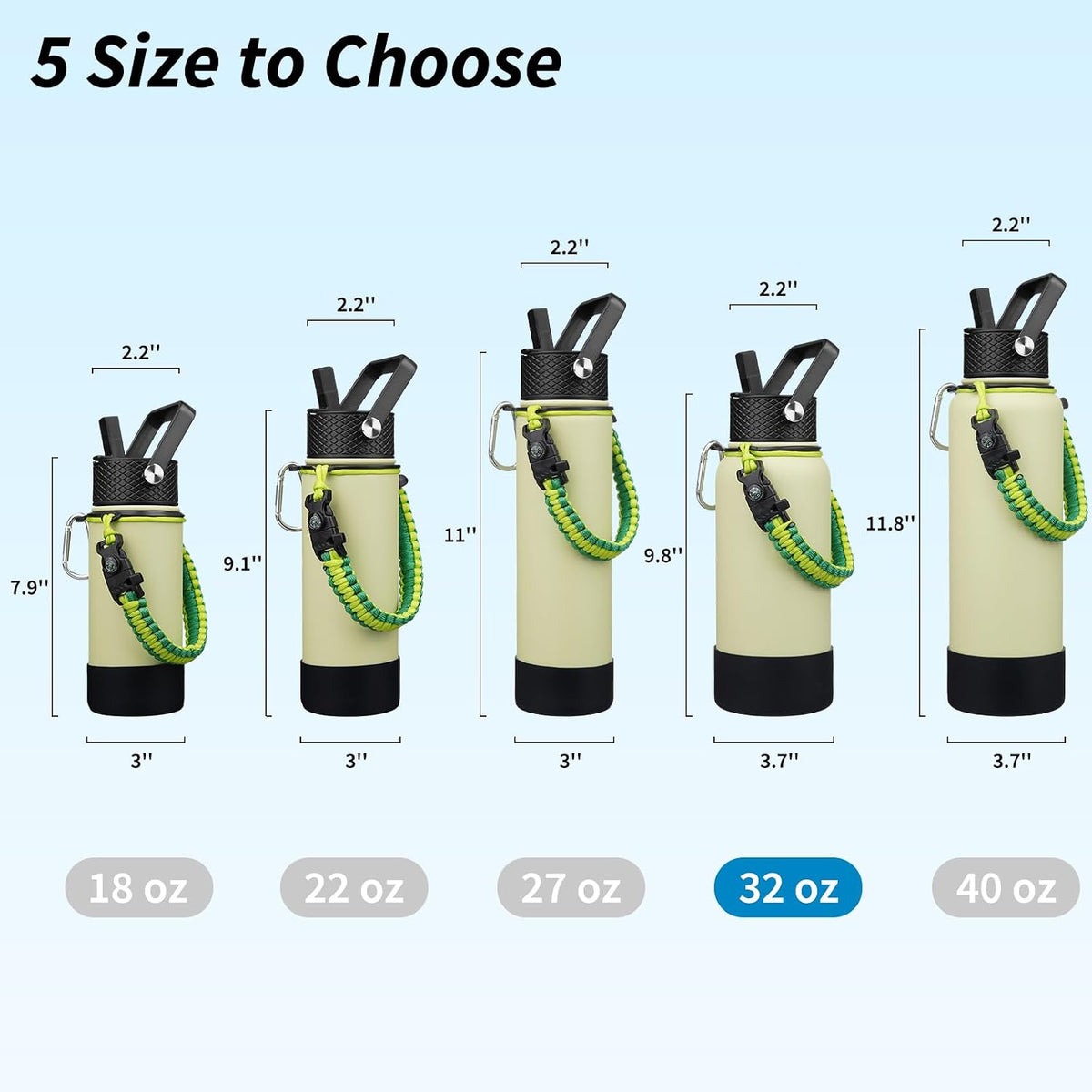 18oz Insulated Water Bottle with 3 Lids, Straw Lid & Handle | BPA-Free 18/8 Stainless Steel Bottle with Leak-Proof Lids, Paracord Handle & Removable Silicone Boot for Gym, Hiking, Travel