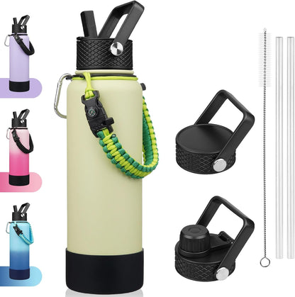 18oz Insulated Water Bottle with 3 Lids, Straw Lid & Handle | BPA-Free 18/8 Stainless Steel Bottle with Leak-Proof Lids, Paracord Handle & Removable Silicone Boot for Gym, Hiking, Travel