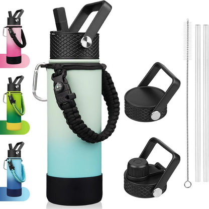 18oz Insulated Water Bottle with 3 Lids, Straw Lid & Handle | BPA-Free 18/8 Stainless Steel Bottle with Leak-Proof Lids, Paracord Handle & Removable Silicone Boot for Gym, Hiking, Travel