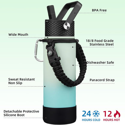 18oz Insulated Water Bottle with 3 Lids, Straw Lid & Handle | BPA-Free 18/8 Stainless Steel Bottle with Leak-Proof Lids, Paracord Handle & Removable Silicone Boot for Gym, Hiking, Travel
