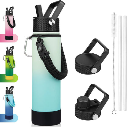 18oz Insulated Water Bottle with 3 Lids, Straw Lid & Handle | BPA-Free 18/8 Stainless Steel Bottle with Leak-Proof Lids, Paracord Handle & Removable Silicone Boot for Gym, Hiking, Travel