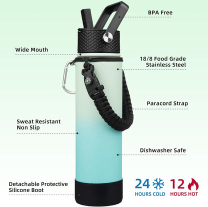 18oz Insulated Water Bottle with 3 Lids, Straw Lid & Handle | BPA-Free 18/8 Stainless Steel Bottle with Leak-Proof Lids, Paracord Handle & Removable Silicone Boot for Gym, Hiking, Travel
