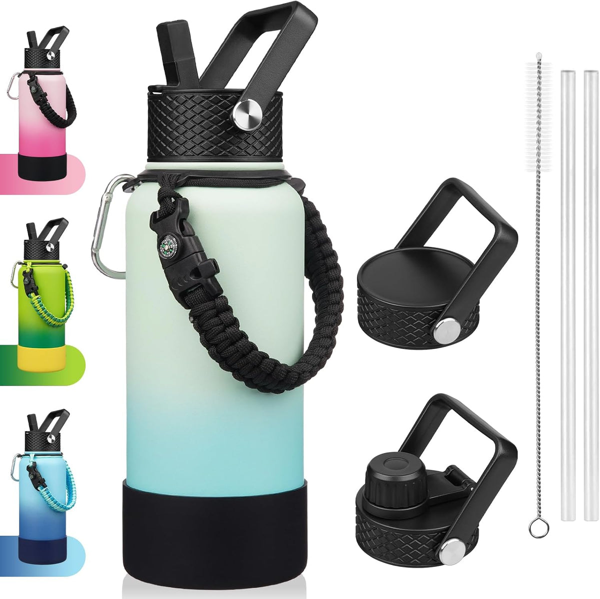 18oz Insulated Water Bottle with 3 Lids, Straw Lid & Handle | BPA-Free 18/8 Stainless Steel Bottle with Leak-Proof Lids, Paracord Handle & Removable Silicone Boot for Gym, Hiking, Travel