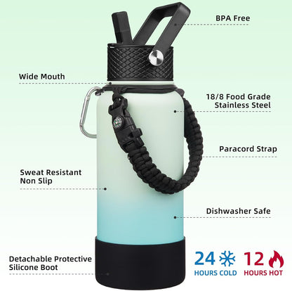 18oz Insulated Water Bottle with 3 Lids, Straw Lid & Handle | BPA-Free 18/8 Stainless Steel Bottle with Leak-Proof Lids, Paracord Handle & Removable Silicone Boot for Gym, Hiking, Travel