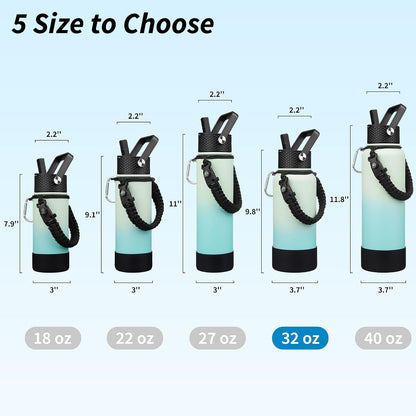 18oz Insulated Water Bottle with 3 Lids, Straw Lid & Handle | BPA-Free 18/8 Stainless Steel Bottle with Leak-Proof Lids, Paracord Handle & Removable Silicone Boot for Gym, Hiking, Travel