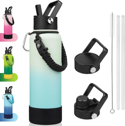 18oz Insulated Water Bottle with 3 Lids, Straw Lid & Handle | BPA-Free 18/8 Stainless Steel Bottle with Leak-Proof Lids, Paracord Handle & Removable Silicone Boot for Gym, Hiking, Travel