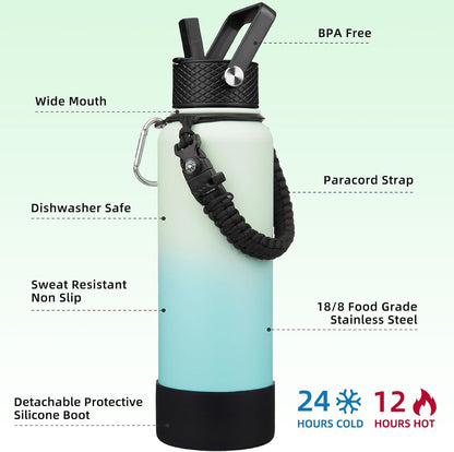 18oz Insulated Water Bottle with 3 Lids, Straw Lid & Handle | BPA-Free 18/8 Stainless Steel Bottle with Leak-Proof Lids, Paracord Handle & Removable Silicone Boot for Gym, Hiking, Travel
