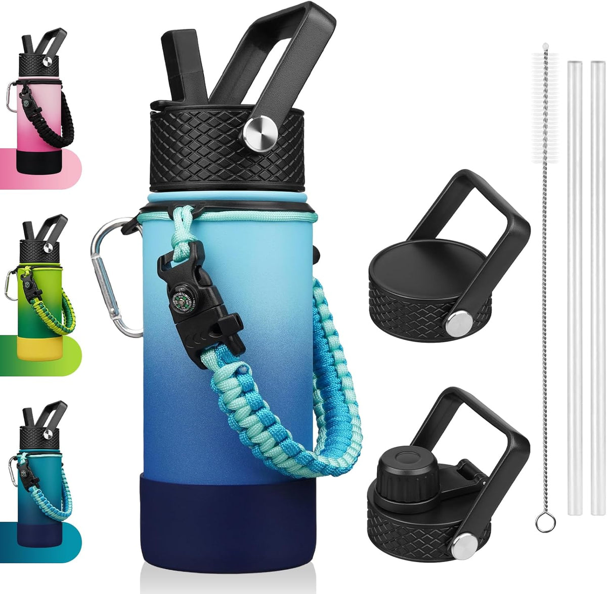 18oz Insulated Water Bottle with 3 Lids, Straw Lid & Handle | BPA-Free 18/8 Stainless Steel Bottle with Leak-Proof Lids, Paracord Handle & Removable Silicone Boot for Gym, Hiking, Travel