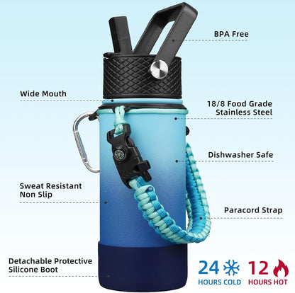 18oz Insulated Water Bottle with 3 Lids, Straw Lid & Handle | BPA-Free 18/8 Stainless Steel Bottle with Leak-Proof Lids, Paracord Handle & Removable Silicone Boot for Gym, Hiking, Travel