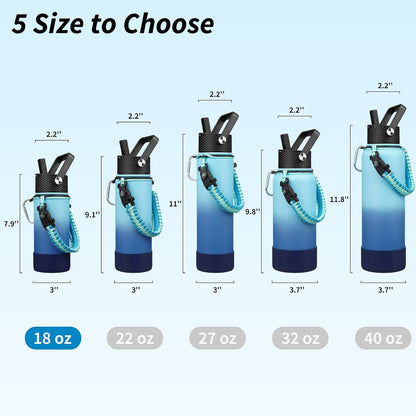 18oz Insulated Water Bottle with 3 Lids, Straw Lid & Handle | BPA-Free 18/8 Stainless Steel Bottle with Leak-Proof Lids, Paracord Handle & Removable Silicone Boot for Gym, Hiking, Travel