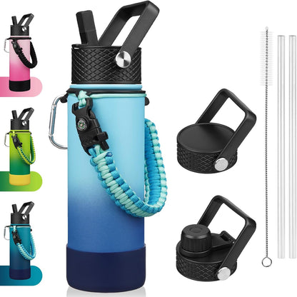 18oz Insulated Water Bottle with 3 Lids, Straw Lid & Handle | BPA-Free 18/8 Stainless Steel Bottle with Leak-Proof Lids, Paracord Handle & Removable Silicone Boot for Gym, Hiking, Travel