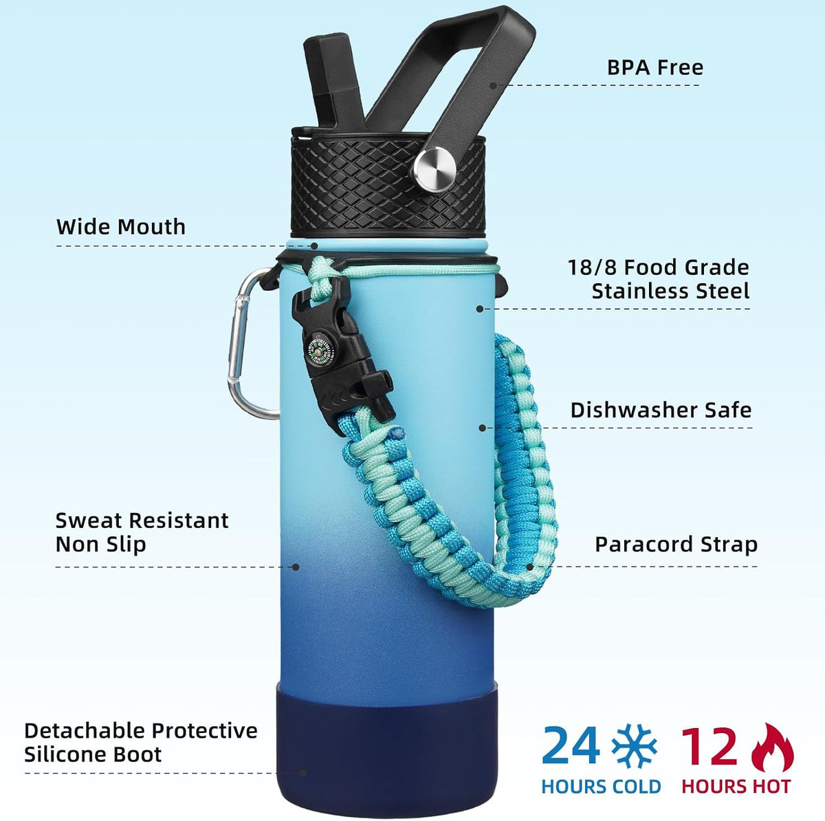 18oz Insulated Water Bottle with 3 Lids, Straw Lid & Handle | BPA-Free 18/8 Stainless Steel Bottle with Leak-Proof Lids, Paracord Handle & Removable Silicone Boot for Gym, Hiking, Travel