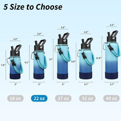 18oz Insulated Water Bottle with 3 Lids, Straw Lid & Handle | BPA-Free 18/8 Stainless Steel Bottle with Leak-Proof Lids, Paracord Handle & Removable Silicone Boot for Gym, Hiking, Travel