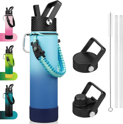 18oz Insulated Water Bottle with 3 Lids, Straw Lid & Handle | BPA-Free 18/8 Stainless Steel Bottle with Leak-Proof Lids, Paracord Handle & Removable Silicone Boot for Gym, Hiking, Travel