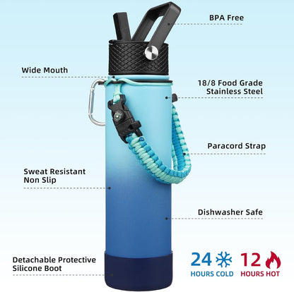 18oz Insulated Water Bottle with 3 Lids, Straw Lid & Handle | BPA-Free 18/8 Stainless Steel Bottle with Leak-Proof Lids, Paracord Handle & Removable Silicone Boot for Gym, Hiking, Travel