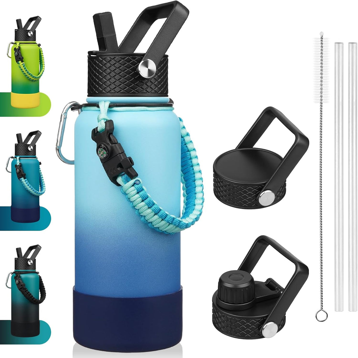 18oz Insulated Water Bottle with 3 Lids, Straw Lid & Handle | BPA-Free 18/8 Stainless Steel Bottle with Leak-Proof Lids, Paracord Handle & Removable Silicone Boot for Gym, Hiking, Travel
