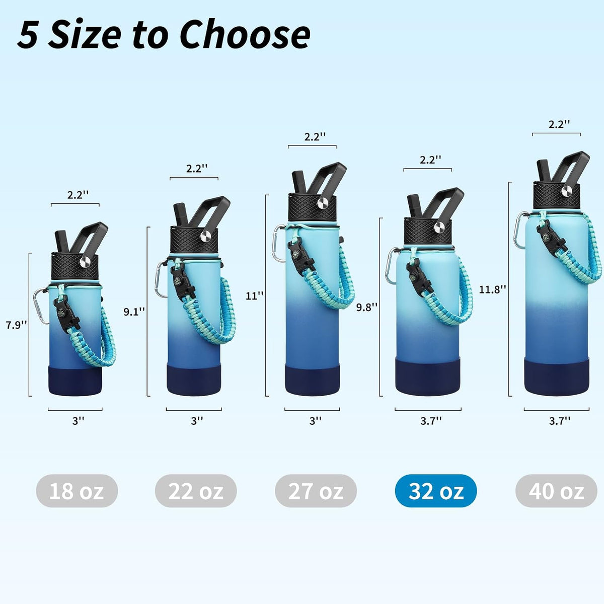 18oz Insulated Water Bottle with 3 Lids, Straw Lid & Handle | BPA-Free 18/8 Stainless Steel Bottle with Leak-Proof Lids, Paracord Handle & Removable Silicone Boot for Gym, Hiking, Travel