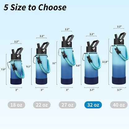 18oz Insulated Water Bottle with 3 Lids, Straw Lid & Handle | BPA-Free 18/8 Stainless Steel Bottle with Leak-Proof Lids, Paracord Handle & Removable Silicone Boot for Gym, Hiking, Travel