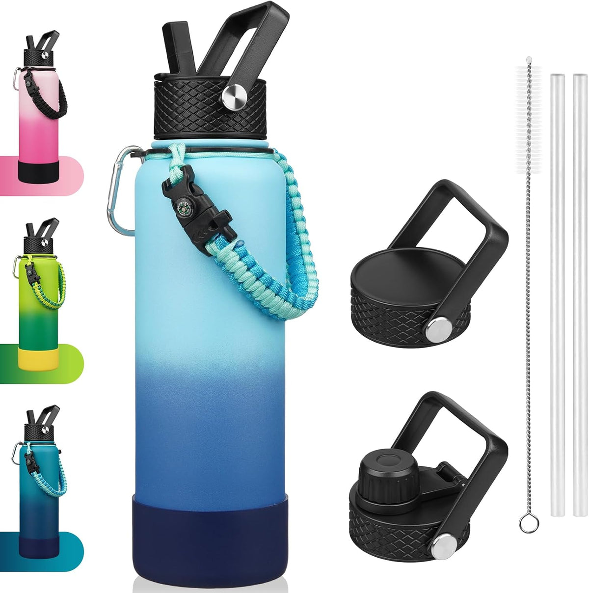 18oz Insulated Water Bottle with 3 Lids, Straw Lid & Handle | BPA-Free 18/8 Stainless Steel Bottle with Leak-Proof Lids, Paracord Handle & Removable Silicone Boot for Gym, Hiking, Travel
