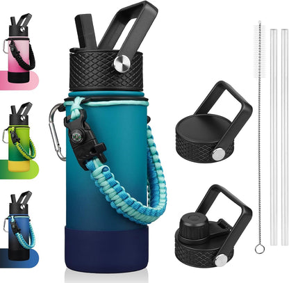 18oz Insulated Water Bottle with 3 Lids, Straw Lid & Handle | BPA-Free 18/8 Stainless Steel Bottle with Leak-Proof Lids, Paracord Handle & Removable Silicone Boot for Gym, Hiking, Travel