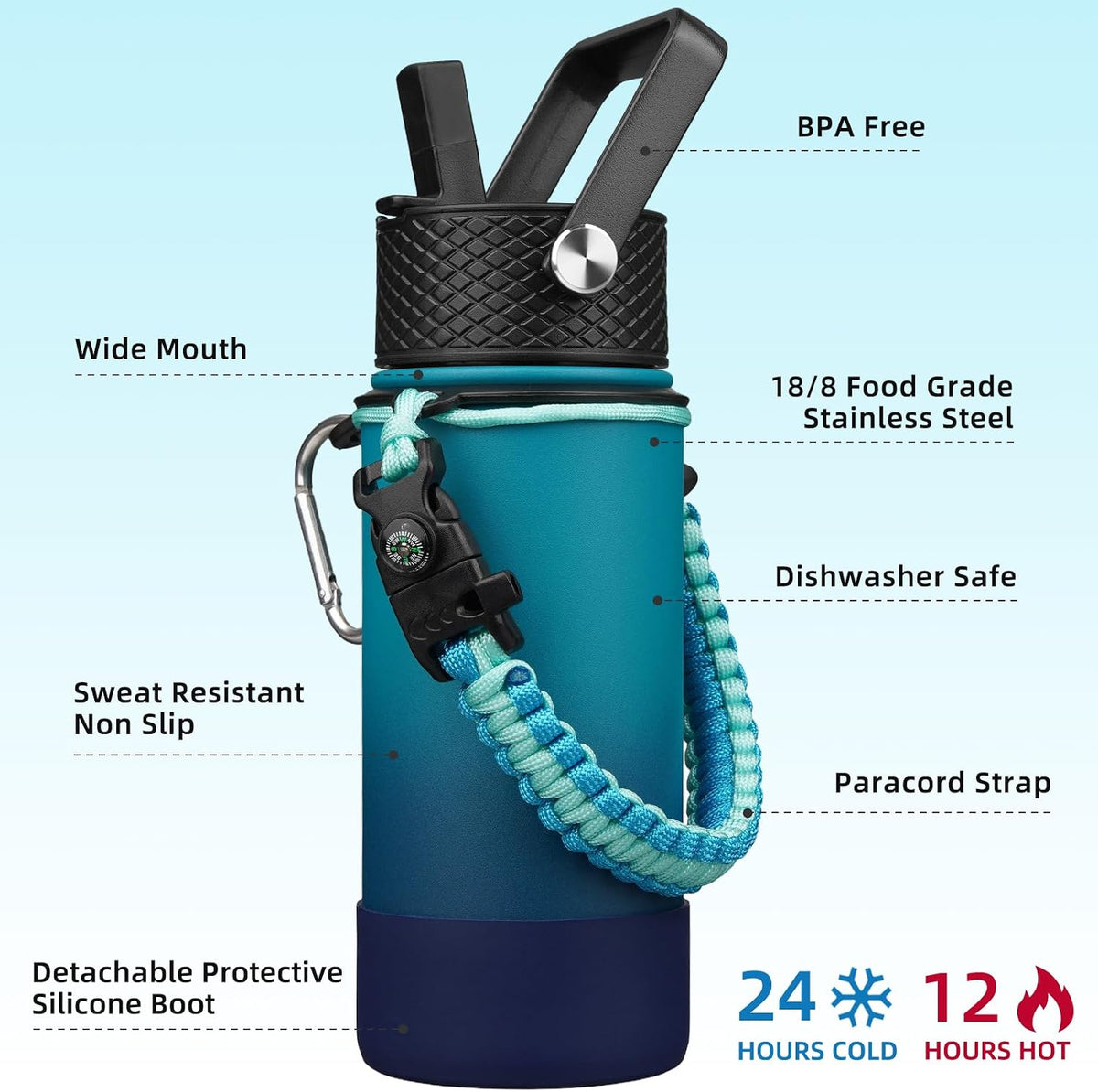 18oz Insulated Water Bottle with 3 Lids, Straw Lid & Handle | BPA-Free 18/8 Stainless Steel Bottle with Leak-Proof Lids, Paracord Handle & Removable Silicone Boot for Gym, Hiking, Travel