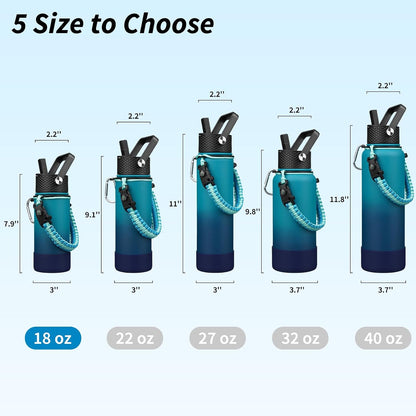 18oz Insulated Water Bottle with 3 Lids, Straw Lid & Handle | BPA-Free 18/8 Stainless Steel Bottle with Leak-Proof Lids, Paracord Handle & Removable Silicone Boot for Gym, Hiking, Travel