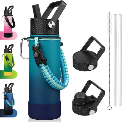 18oz Insulated Water Bottle with 3 Lids, Straw Lid & Handle | BPA-Free 18/8 Stainless Steel Bottle with Leak-Proof Lids, Paracord Handle & Removable Silicone Boot for Gym, Hiking, Travel