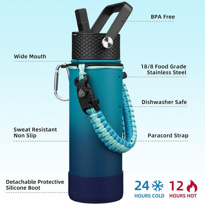 18oz Insulated Water Bottle with 3 Lids, Straw Lid & Handle | BPA-Free 18/8 Stainless Steel Bottle with Leak-Proof Lids, Paracord Handle & Removable Silicone Boot for Gym, Hiking, Travel