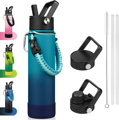 18oz Insulated Water Bottle with 3 Lids, Straw Lid & Handle | BPA-Free 18/8 Stainless Steel Bottle with Leak-Proof Lids, Paracord Handle & Removable Silicone Boot for Gym, Hiking, Travel